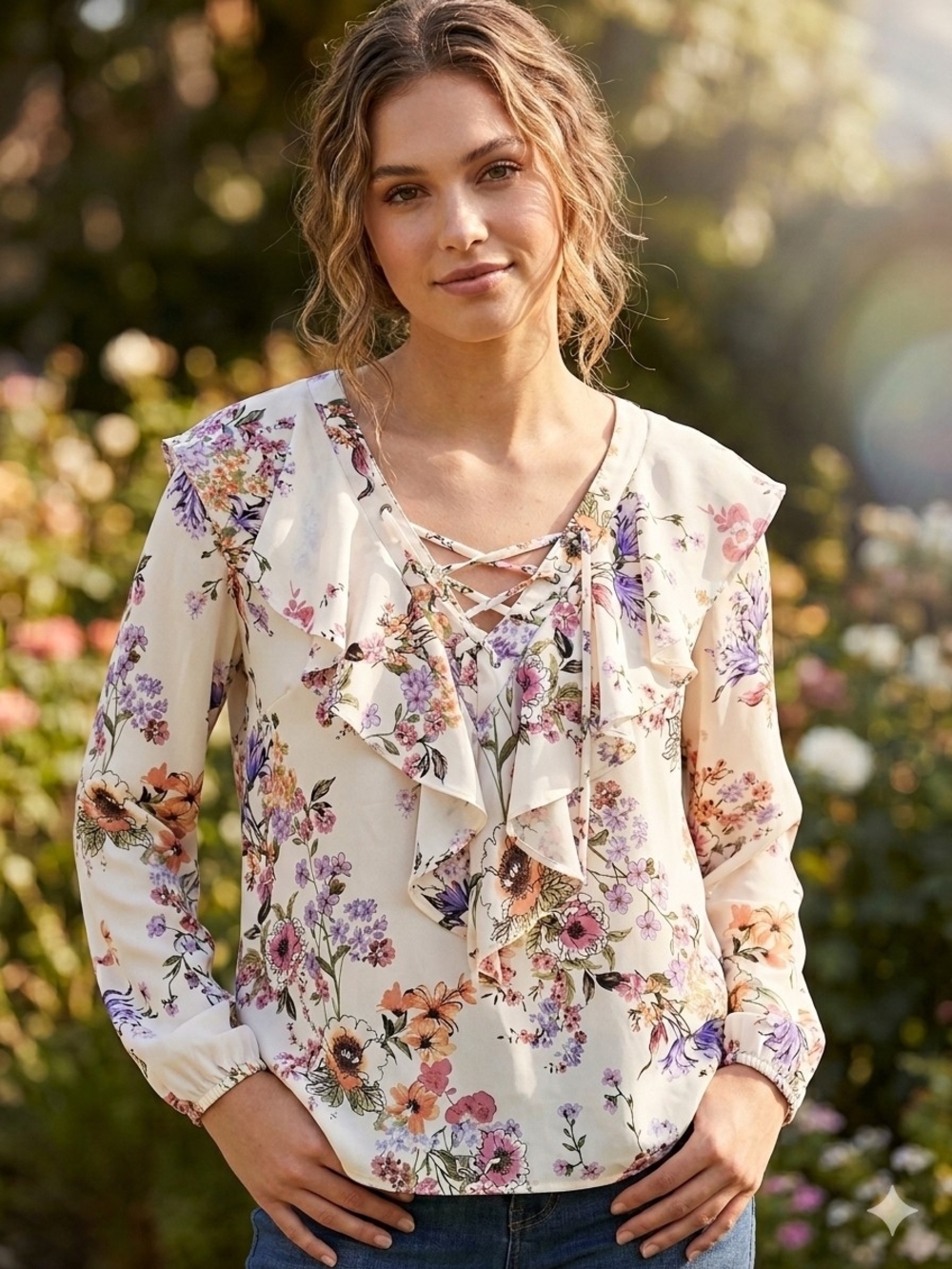 Rue21 Cream Floral Ruffle Lace-Up Blouse Woman's Size M